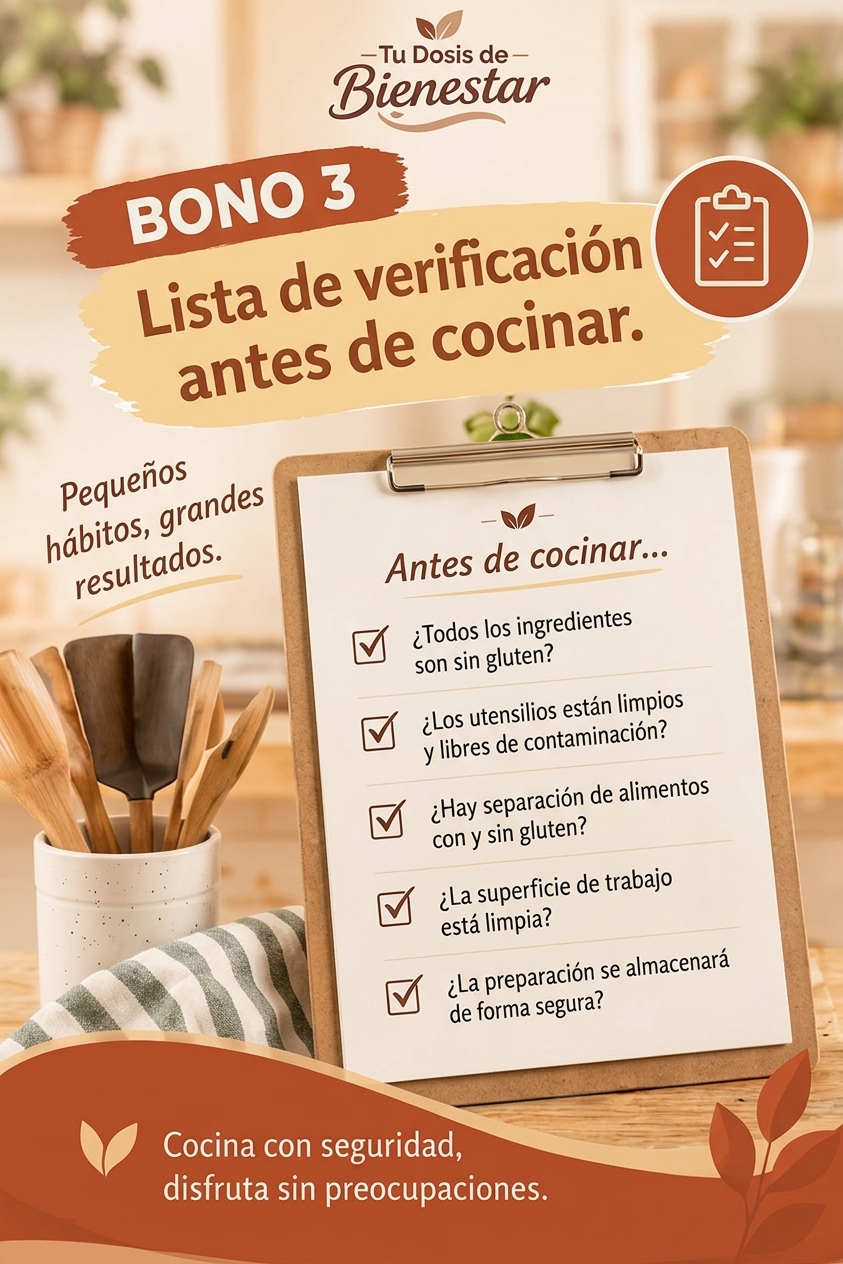Mockup del bono «Antes de cocinar...», lista de verificación con cinco preguntas sobre ingredientes, utensilios, separación de alimentos, superficie de trabajo y almacenamiento