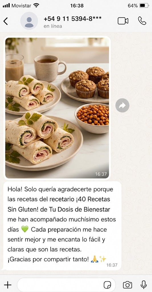 Captura de WhatsApp de una clienta: foto de sus meriendas sin gluten ya preparadas —rollitos, muffins, garbanzos tostados e infusiones— y su mensaje de agradecimiento por el recetario