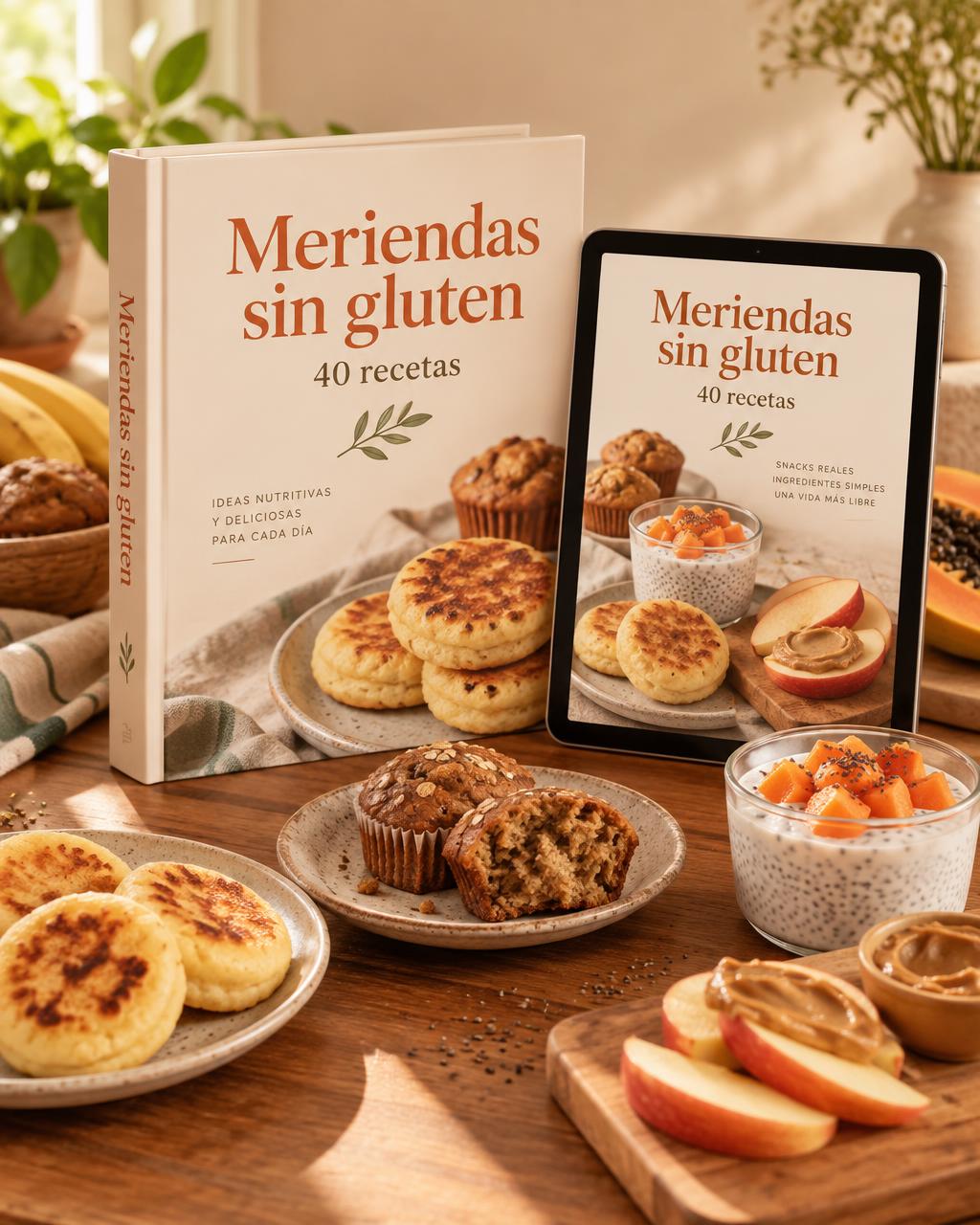 Mockup del recetario Meriendas sin gluten, sin complicaciones en tableta y móvil