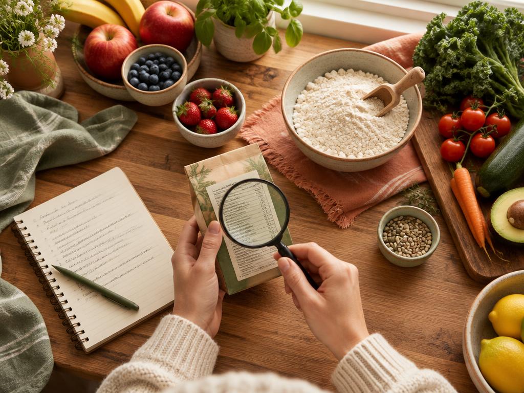 Manos revisando la etiqueta de un producto con una lupa, junto a un cuaderno y alimentos frescos en una cocina cálida